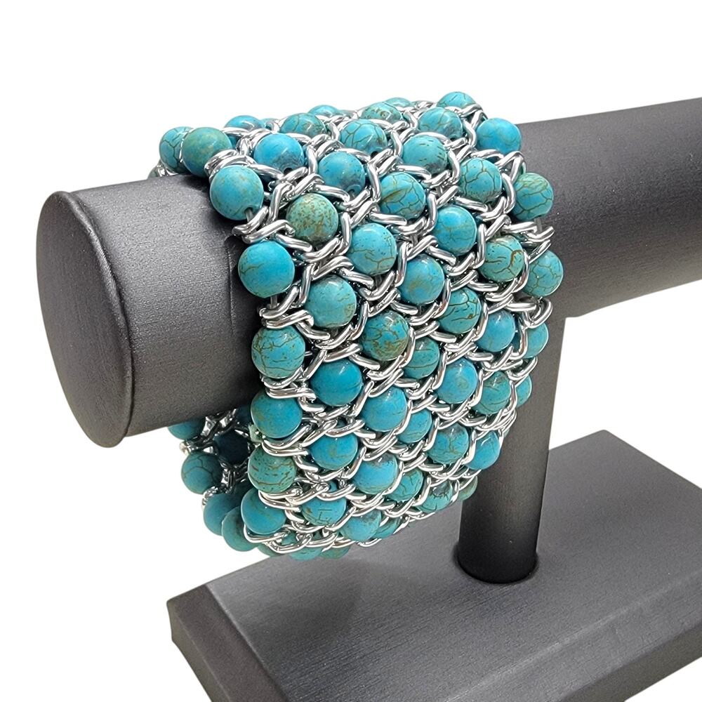 Turquoise Bead Silver Tone Wide Mesh Cuff Bracelet Chainmail Statement Boho